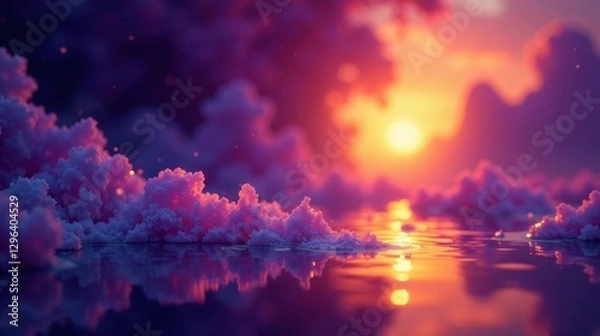 Obraz Serene Sunset Reflection on a Still, Pink-Hued Water Surface with Fluffy Formations