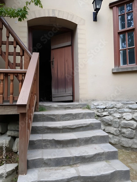 Fototapeta A quaint old house entrance with cracked stone stairs, wooden railings, and a simple door that creaks with age.