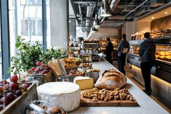 Obraz A kitchen counter filled with various types of cheese, grapes, nuts, and a freshly baked loaf of bread, creating a cheese board setup