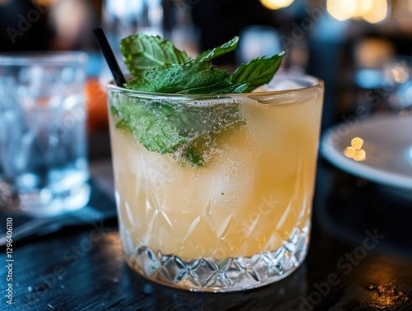 Fototapeta Close-up image of a glass filled with mint julep, garnished with fresh mint leaves, on a table.
