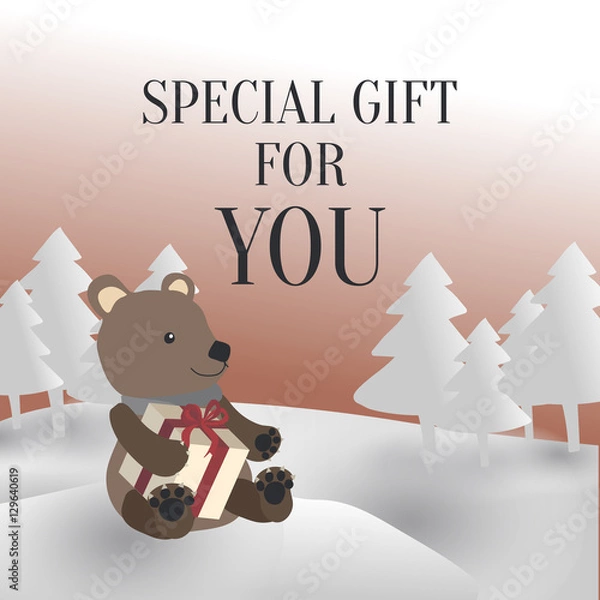 Obraz A Bear Holding a Christmas present in Snowy Forest With Texts Special Gift For You
