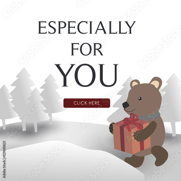 Obraz A Bear Holds A Christmas Gift In Snowy Forest Tree Background with Texts Especially For You