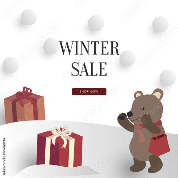 Obraz A Shopping Bear Found Presents In The Snow With Texts Winter Sale