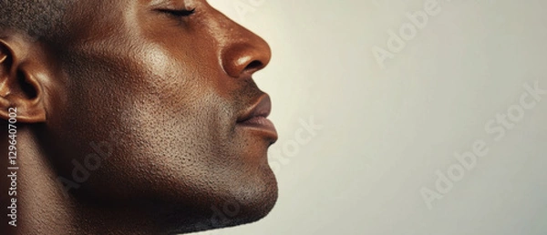 Fototapeta close up side profile of man with calm expression, highlighting his smooth skin texture