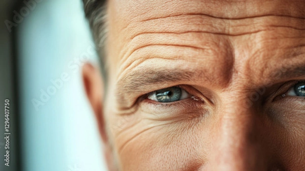 Fototapeta close up of mature man forehead and eyes, showing wrinkles and expression lines, with focused gaze