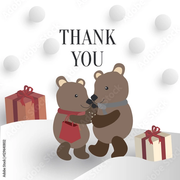 Obraz Two bears Hug Each Other In Snow with Presents and Texts Thank you