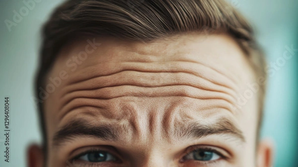 Fototapeta close up image of person forehead with visible stress lines and furrowed brows, conveying tension and concentration. image highlights texture and detail of skin