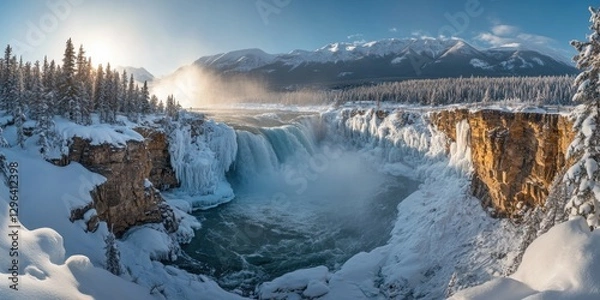 Obraz A stunning winter view of a frozen waterfall, with the sky as the backdrop and snow-covered cliffs.
