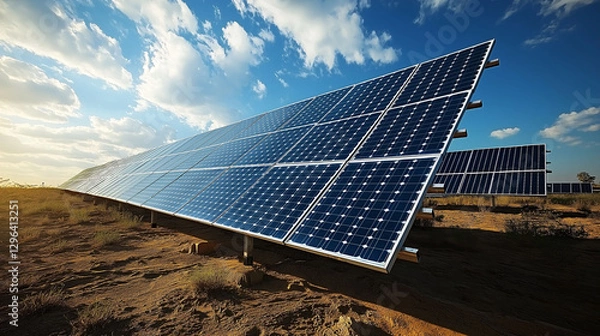 Fototapeta the future of renewable energy with solar panels stretching across a vast desert landscape. This sustainable power source highlights innovation, efficiency, and clean energy solutions.