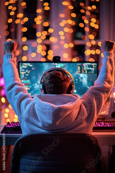 Fototapeta A gamer streaming online, A gamer celebrates victory with raised arms in a colorful, cozy gaming environment filled with lights and excitement.