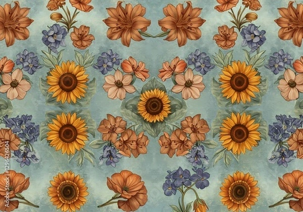 Fototapeta Elegant Floral Pattern: Vibrant Flowers in a Seamless Design, Perfect for Wallpaper, Textiles, and Creative Projects