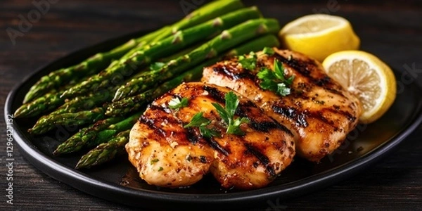 Fototapeta A plate of grilled chicken and asparagus with a lemon wedge on the side. The plate is black and the food is brown