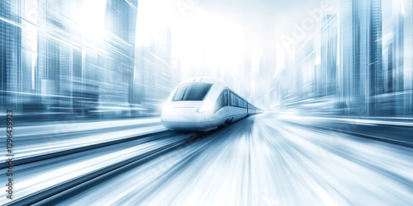 Obraz A high-tech illustration of a light rail train shuttling between high-rise buildings in the city