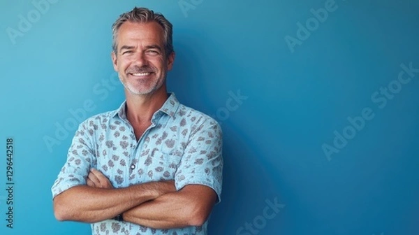 Obraz A man in a blue shirt with a smile on his face. He is standing in front of a blue wall