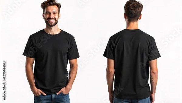 Fototapeta A cheerful man wearing a black t-shirt is smiling, radiating positivity and style, ideal for personal branding or lifestyle-themed stock images.