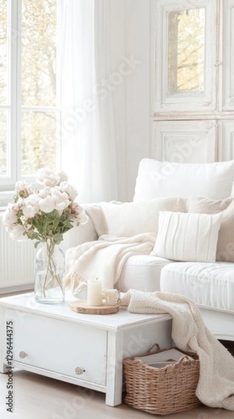Fototapeta Soft pink peonies in a clear vase brighten a stylish living room with a cozy sofa and large windows allowing natural light
