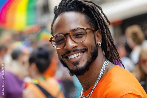 Fototapeta A handsome Black man with dreadlocks and glasses at the Pride parade, smiling for the camera, a colorful rainbow in the background, a crowd of people around him