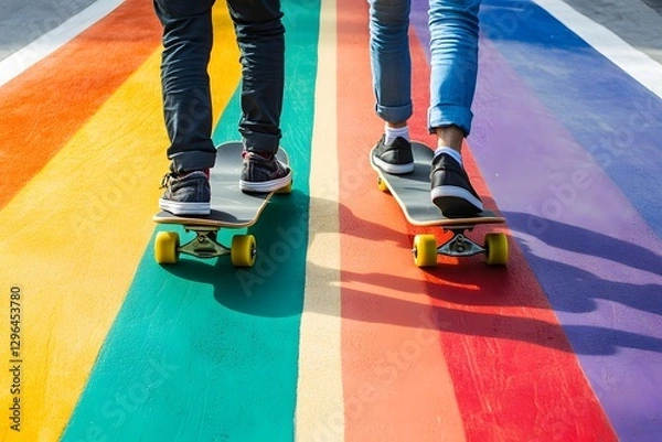 Fototapeta Two people are skateboarding on a rainbow-colored crosswalk, where the colors of each strip represent different pride flag colors