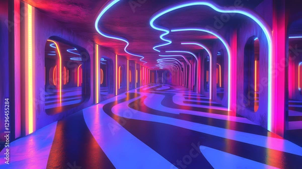 Fototapeta Psychedelic mirror maze with swirling floor and neon lights. Infinity Mirror Corridor. Illustration