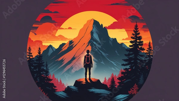 Fototapeta Majestic Mountain Peaks in the Distance Framing a Silhouetted Backpacker with Backpack Watching the Beautiful Orange Sunset Flat Design Art for Casual Shirt