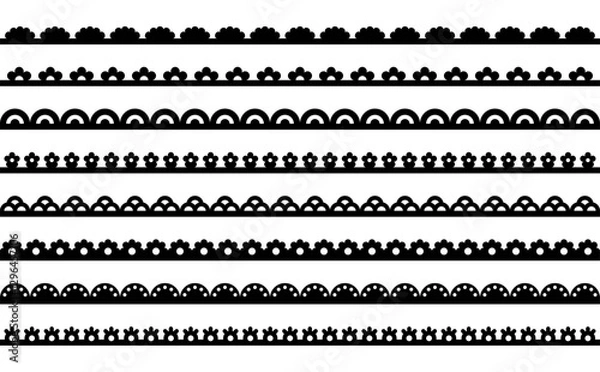 Obraz Scallop lace line. Frame border with pattern. Ribbon with ornament on fabric. Set of vector illustrations with stripes isolated on white background.