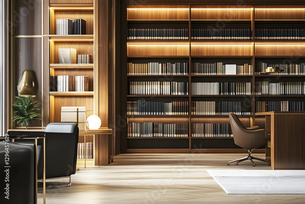 Fototapeta Law library with shelves of books and legal documents in a professional office. Law room office Library for study and learning. Interior photography detail of books on shelf in law firm.