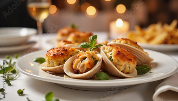 Obraz Aesthetic gourmet stuffed clams on elegant plate, fine dining experience
