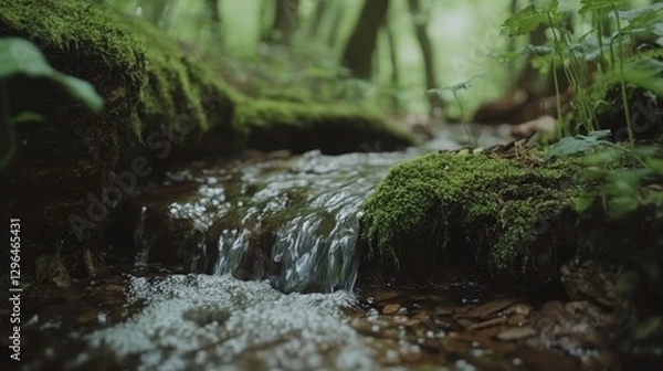 Obraz Tranquil Stream Flowing Over Mossy Rocks in Woodland