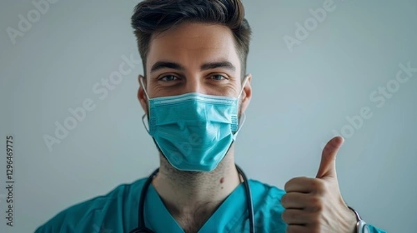 Fototapeta Portrait of a handsome doctor in turquoise scrubs with a mask on his face showing a thumbs up against a white background, in the style of a copy space concept