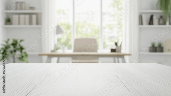 Fototapeta Bright white rectangular wooden table with soft natural lighting and blurred minimalist home office background featuring desk and chair
