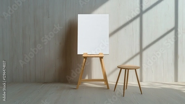 Fototapeta A Blank Canvas On An Easel Next To A Small Stool