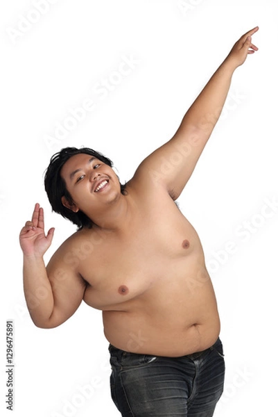Obraz Asian Happy Fat Boy Acting Bodybuilding feeling good Health isolated on white background