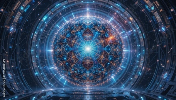Fototapeta Futuristic Sci Fi Spaceship Interior with Glowing Orb Mandala Abstract Technology Background