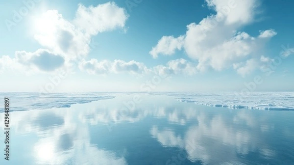 Fototapeta Calm arctic sea with ice floes and clouds reflecting on water.