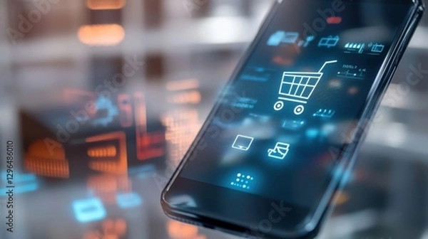 Fototapeta Exploring e-commerce trends online shopping digital devices modern cities close-up view innovative technology insights