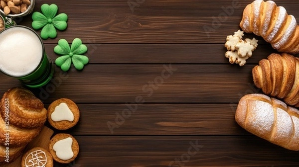 Fototapeta Green beer and snacks create a festive atmosphere for St. Patricks Day on a rustic wooden table adorned with greenery