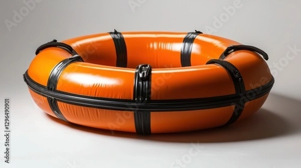 Fototapeta Orange inflatable rescue ring on plain background