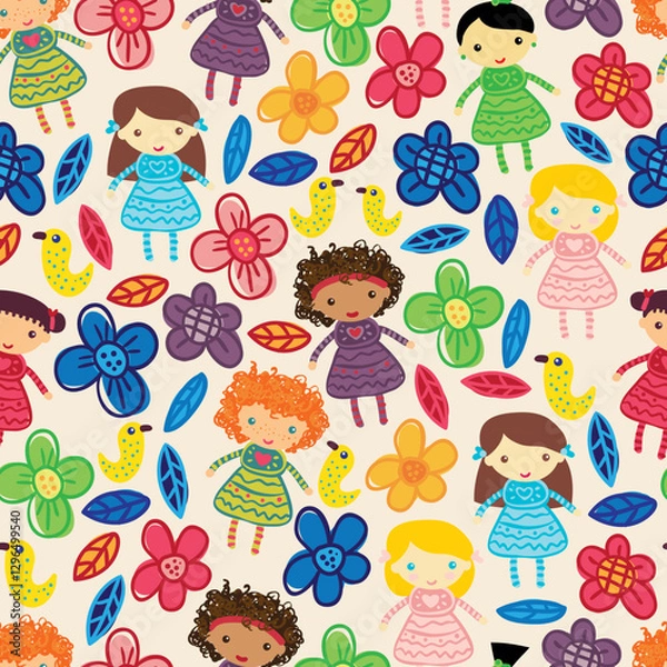 Fototapeta Seamless Pattern with Cute Dolls, Flowers, and Leaves