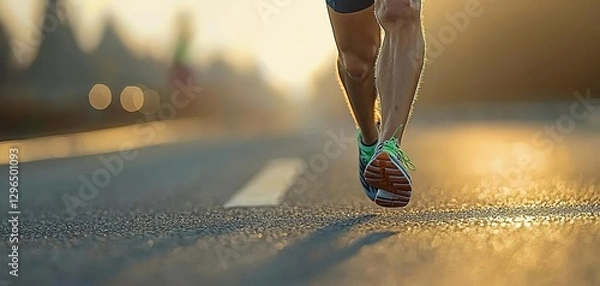 Fototapeta Marathon running in the light of evening, detail on legs , isolated on white background,  , copy space for text,