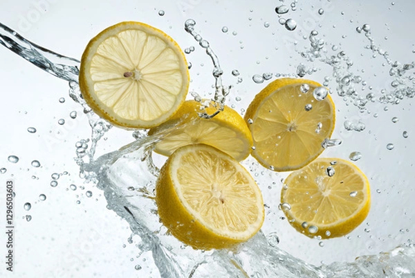 Fototapeta Dynamic Water Splash with Fresh Lemon Slices