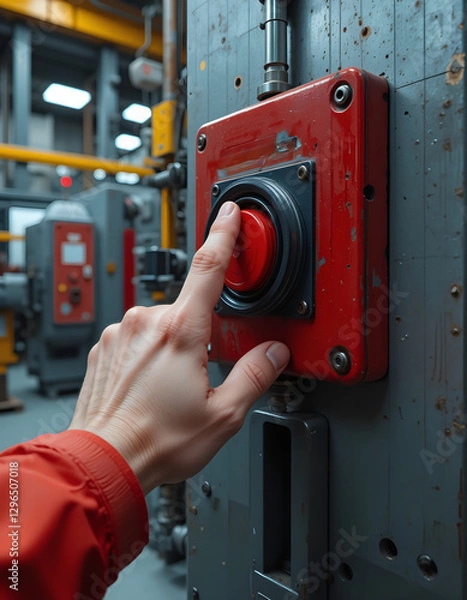 Obraz a hand pressing a red emergency stop button in an industrial setting, ensuring safety in the workplace with surrounding machinery blurred.