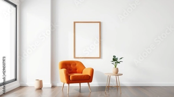 Fototapeta Bright Orange Chair in Minimalist Room with Empty Frame and Plant
