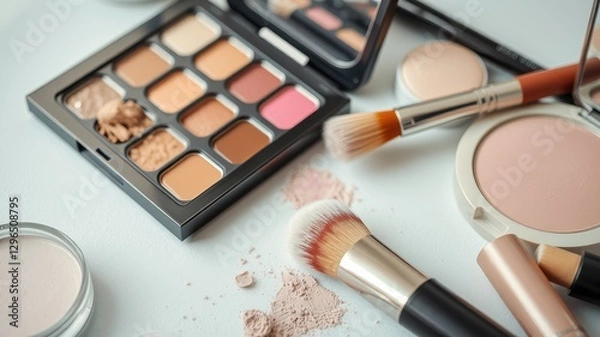 Fototapeta Elegant Makeup Arrangement with Diverse Cosmetic Products on Table