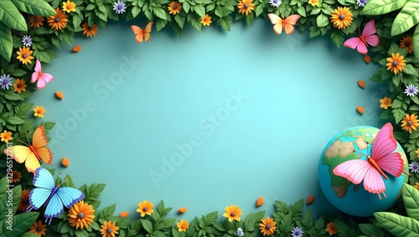 Fototapeta Delicate Butterflies Framing Earth Globe: Eco-Friendly Space for Earth Day Messages
