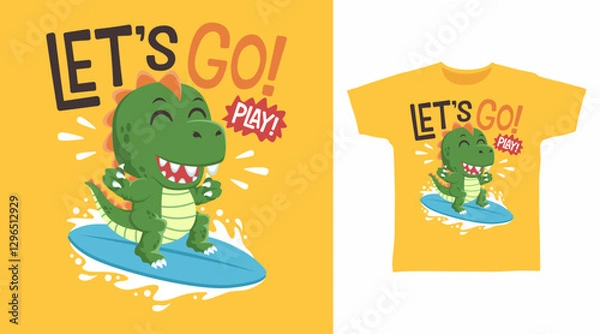 Obraz Cute dinosaur with surfboard hand drawn, ready for print on t shirt and other uses.