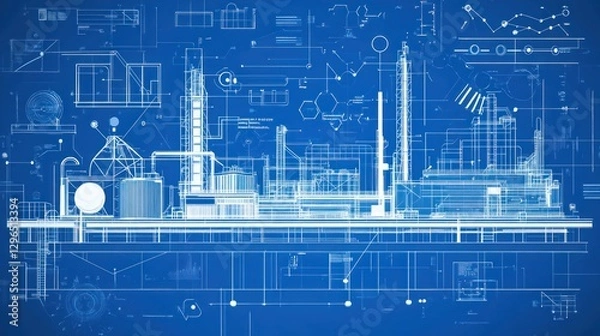 Fototapeta Refinery blueprint, industrial complex, engineering design, process diagrams, background analysis