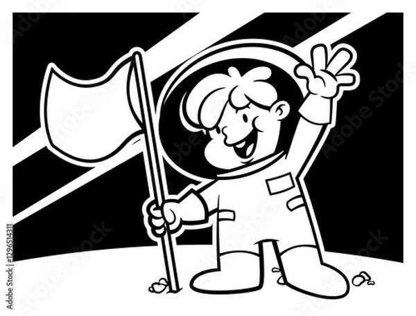 Fototapeta A Boy cartoon characters, wearing Astronauts suit and planting a flag at the moon. Best for sticker, logo, and mascot with unexplored themes