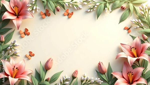 Fototapeta Elegant Easter Lilies and Fluttering Butterflies Border Frame with Graceful Copy Space for Messages