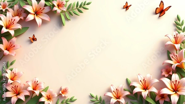 Fototapeta Elegant Easter Lilies and Butterflies Frame for Graceful Messages