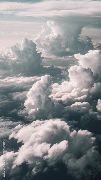 Fototapeta Aerial view of towering clouds illuminated by sunlight Vertical Mobile Wallpaper